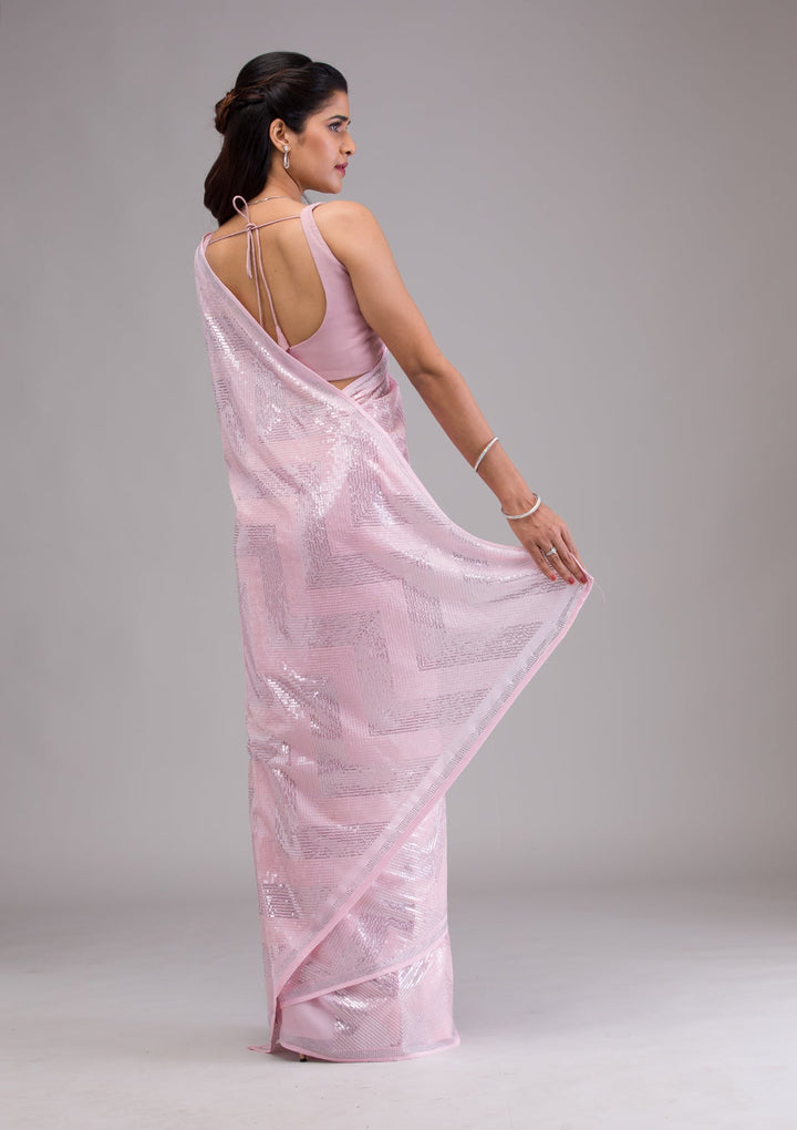 Baby Pink Sequins Georgette Saree-Koskii