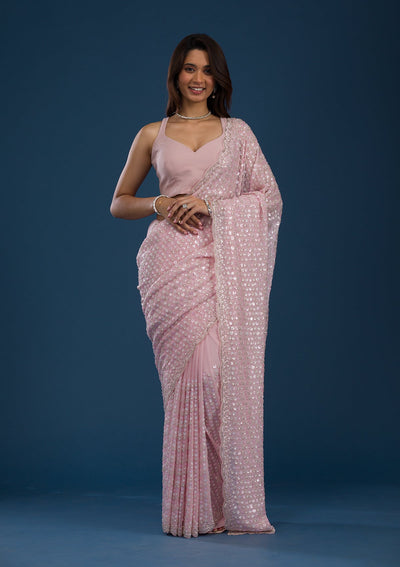 Baby Pink Sequins Georgette Saree-Koskii