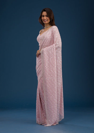 Baby Pink Sequins Georgette Saree-Koskii