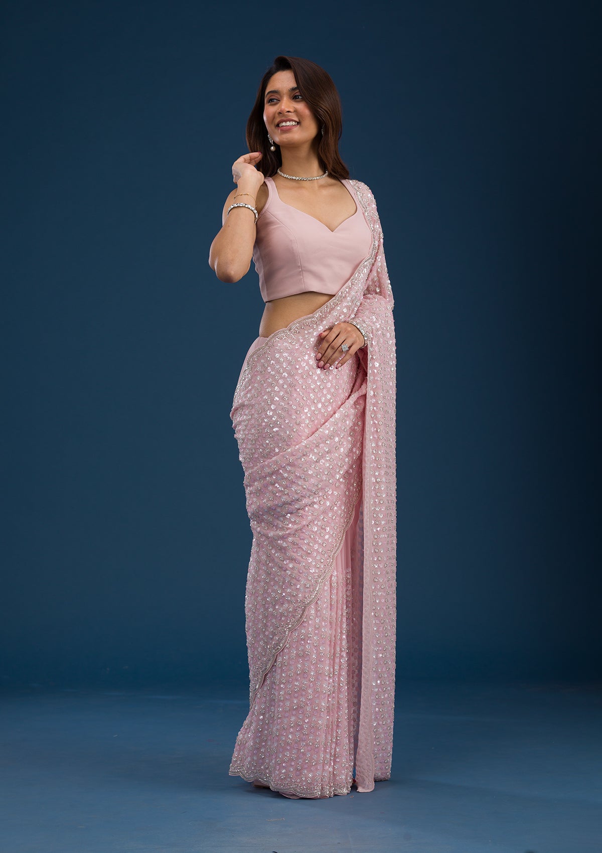 Baby Pink Sequins Georgette Saree-Koskii