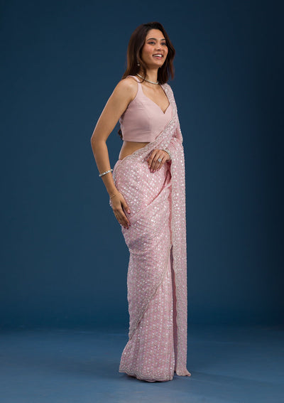 Baby Pink Sequins Georgette Saree-Koskii