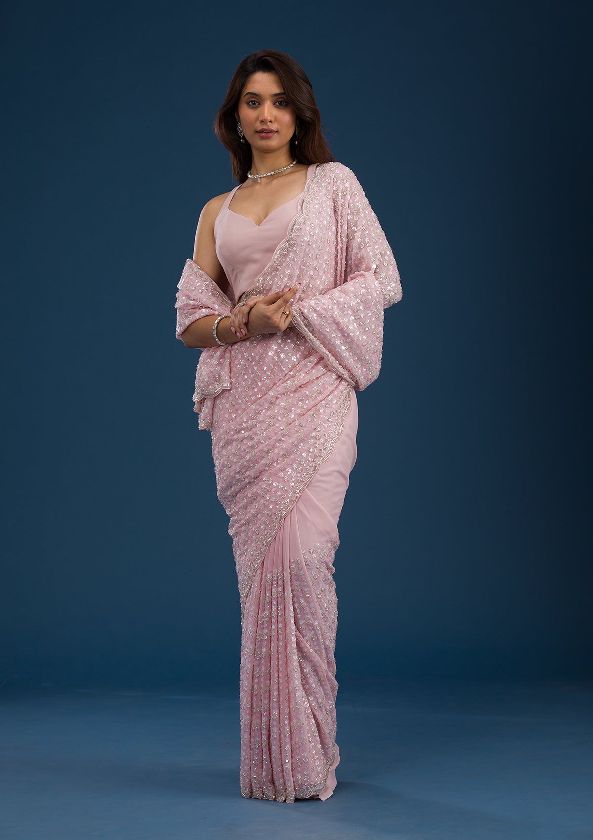 Baby Pink Sequins Georgette Saree-Koskii