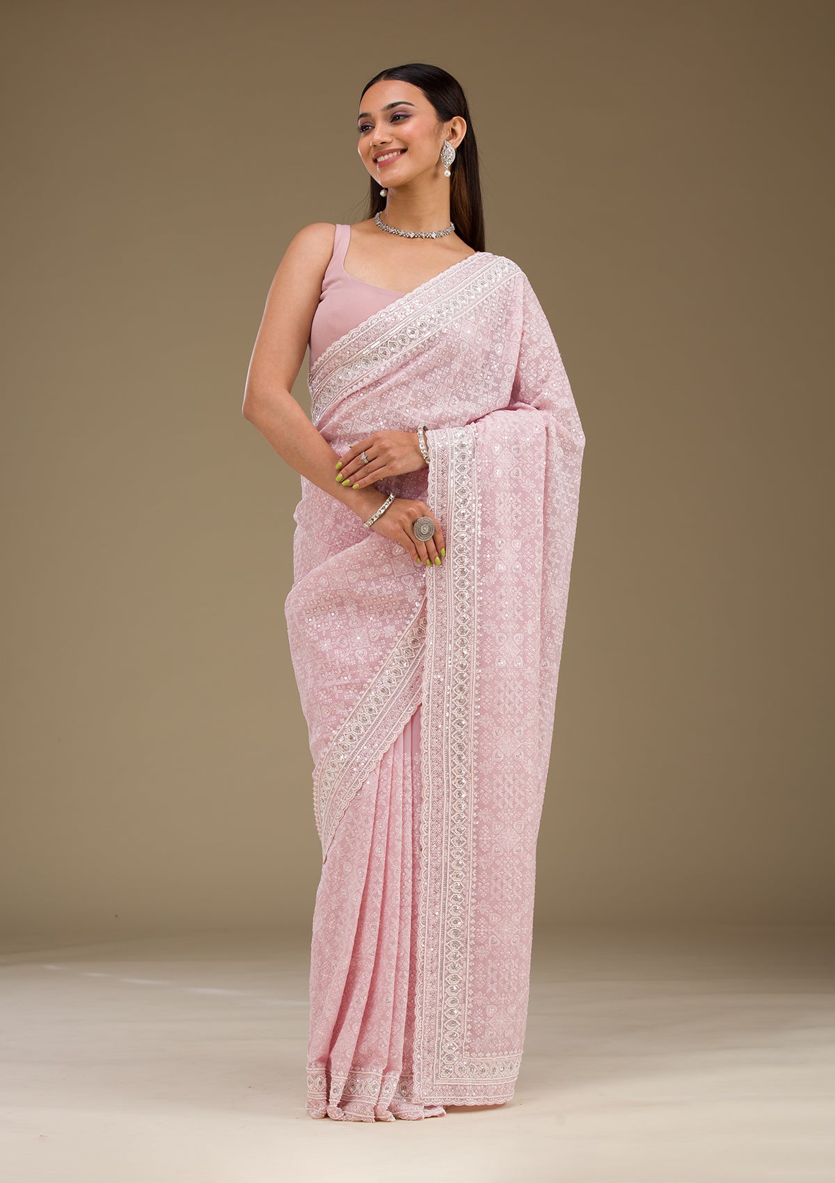 Baby Pink Sequins Georgette Saree-Koskii