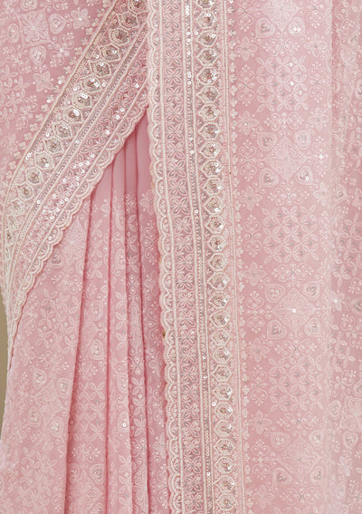 Baby Pink Sequins Georgette Saree-Koskii