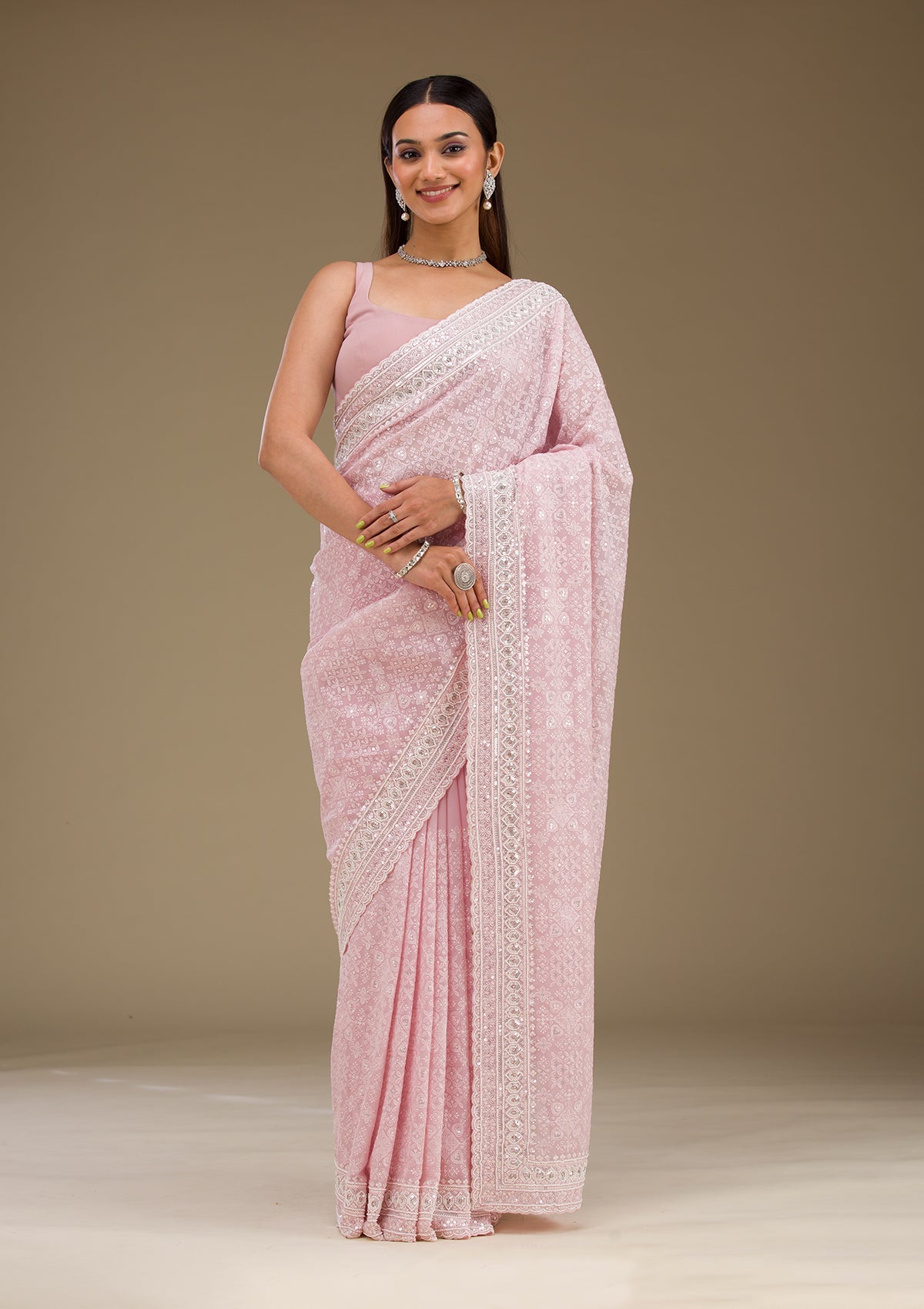 Baby Pink Sequins Georgette Saree-Koskii