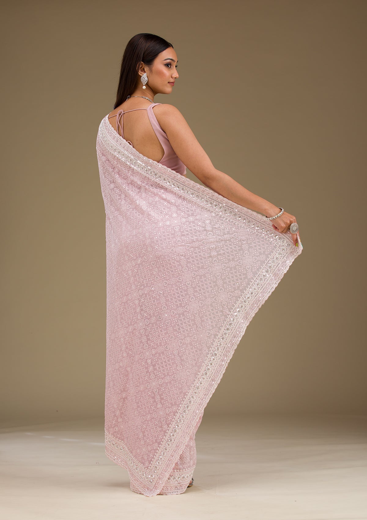 Baby Pink Sequins Georgette Saree-Koskii