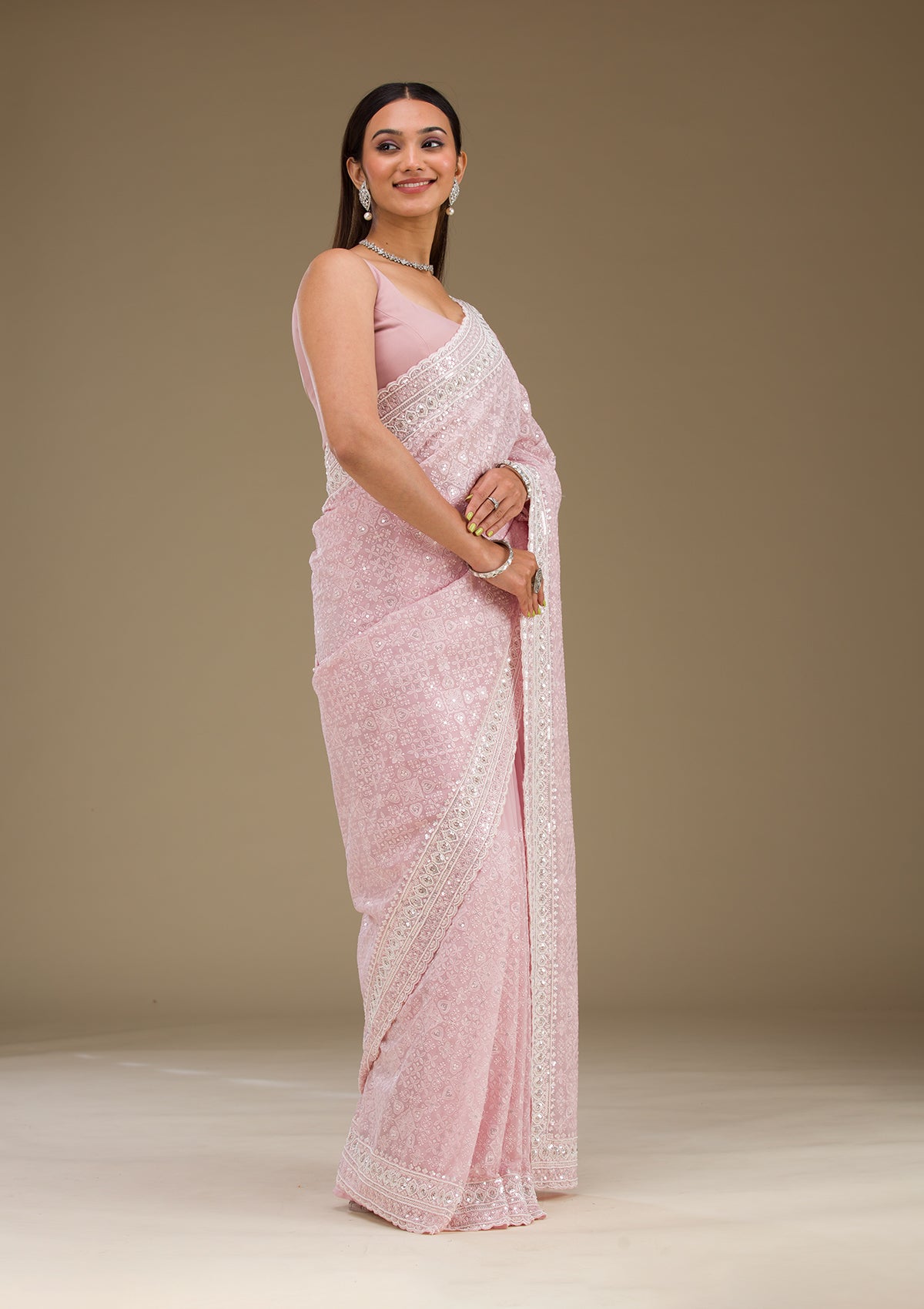 Baby Pink Sequins Georgette Saree-Koskii