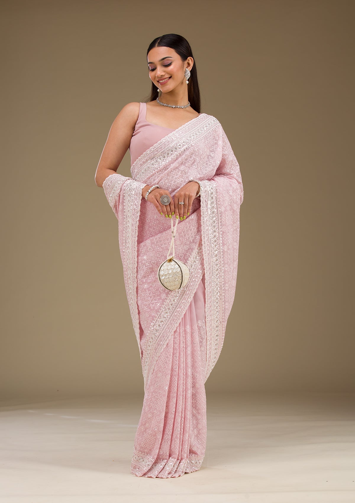 Baby Pink Sequins Georgette Saree-Koskii