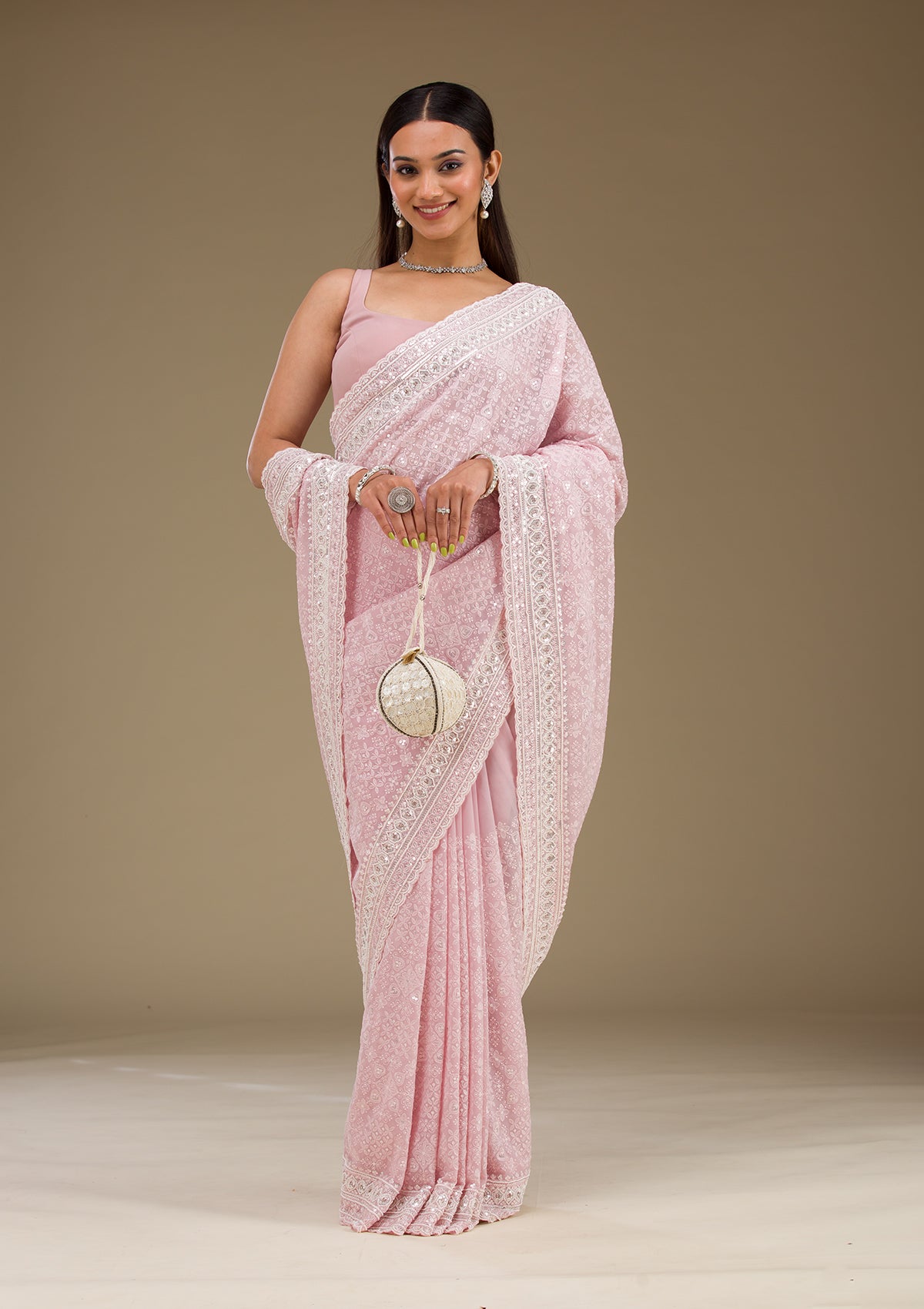 Baby Pink Sequins Georgette Saree-Koskii