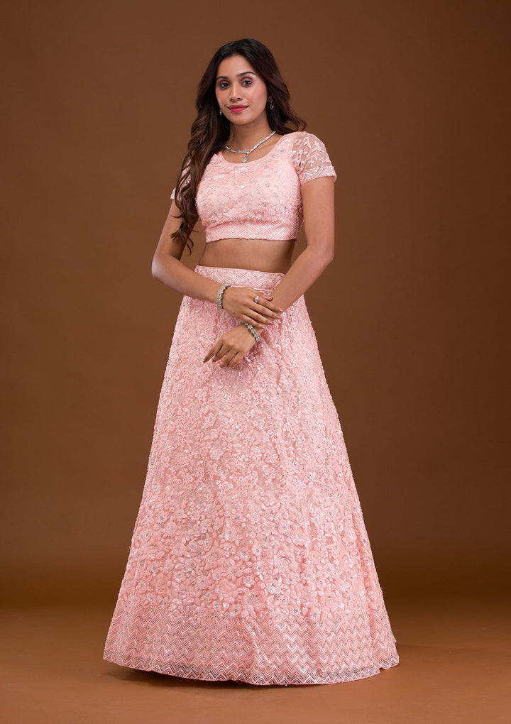 Baby Pink Sequins Net Readymade Lehenga-Koskii