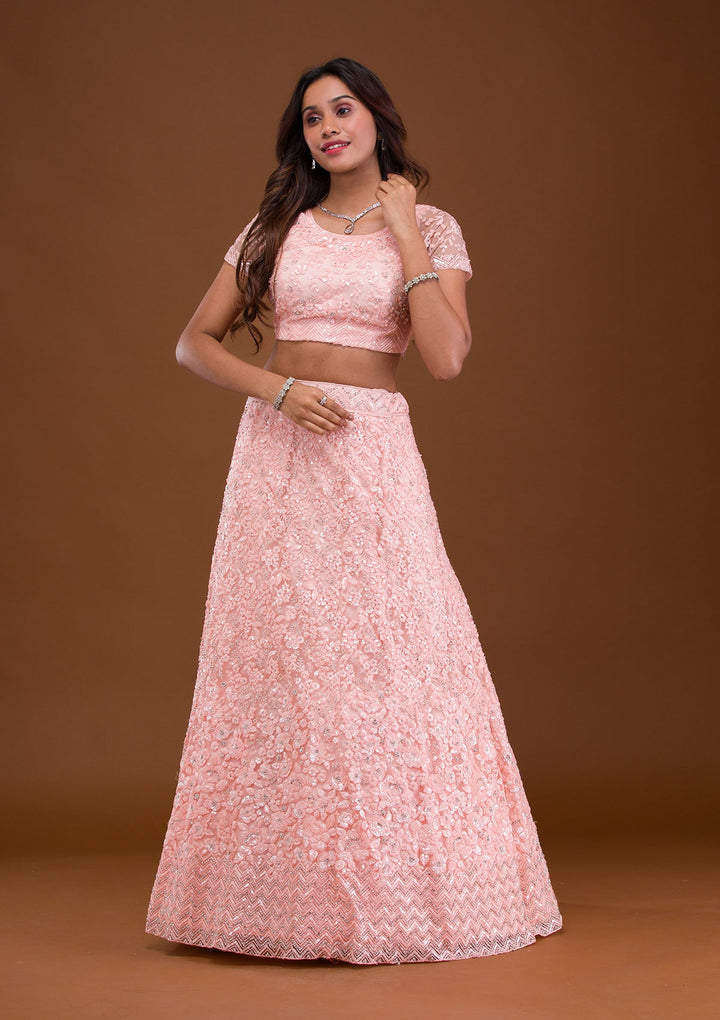 Baby Pink Sequins Net Readymade Lehenga-Koskii