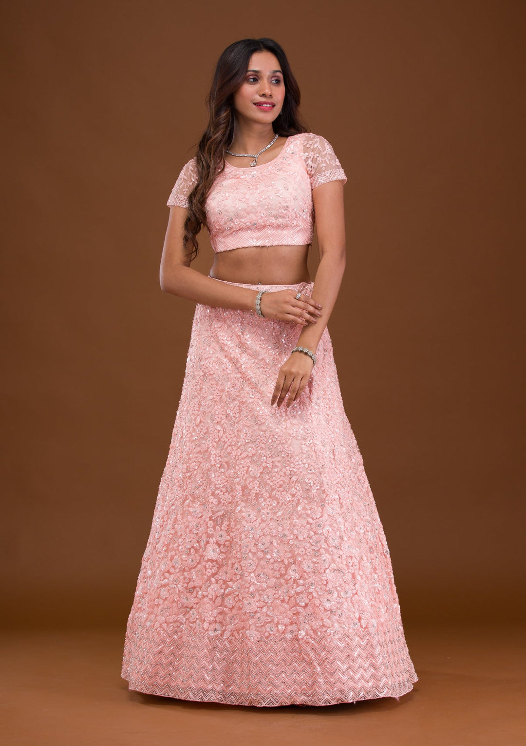 Baby Pink Sequins Net Readymade Lehenga-Koskii