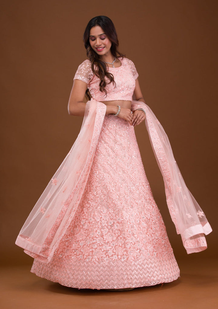 Baby Pink Sequins Net Readymade Lehenga-Koskii