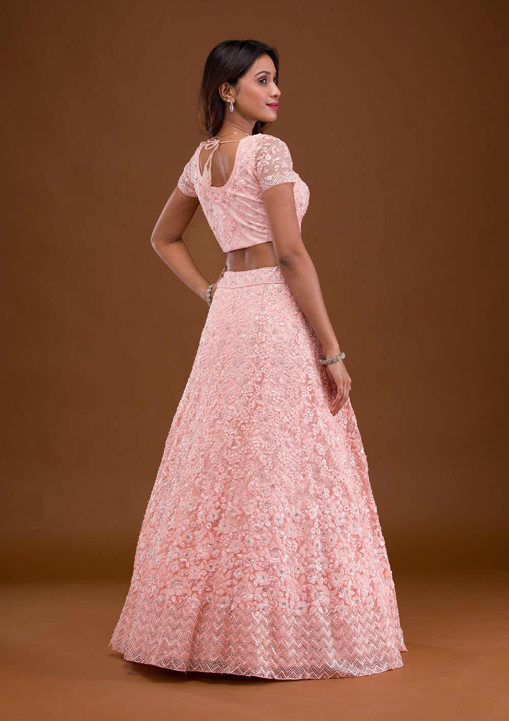Baby Pink Sequins Net Readymade Lehenga-Koskii