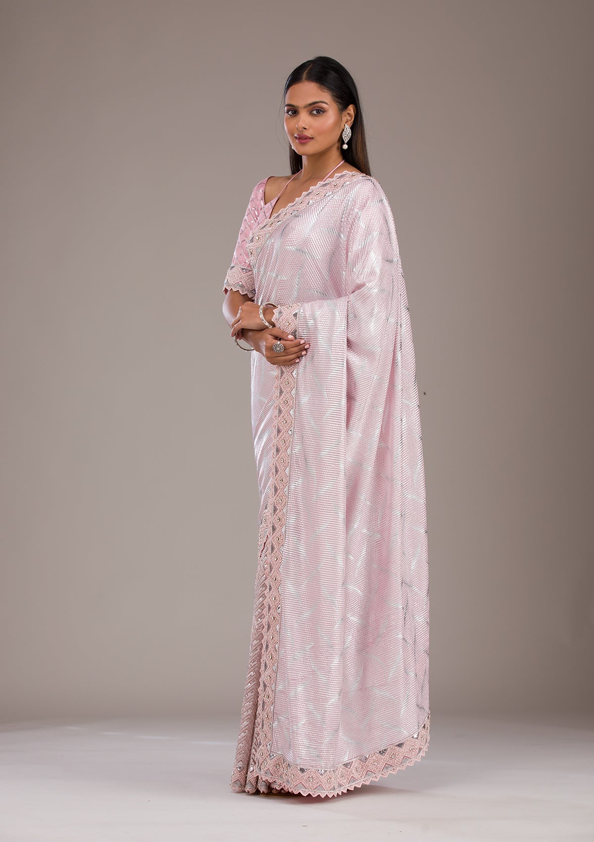 Baby Pink Sequins Semi Crepe Saree-Koskii