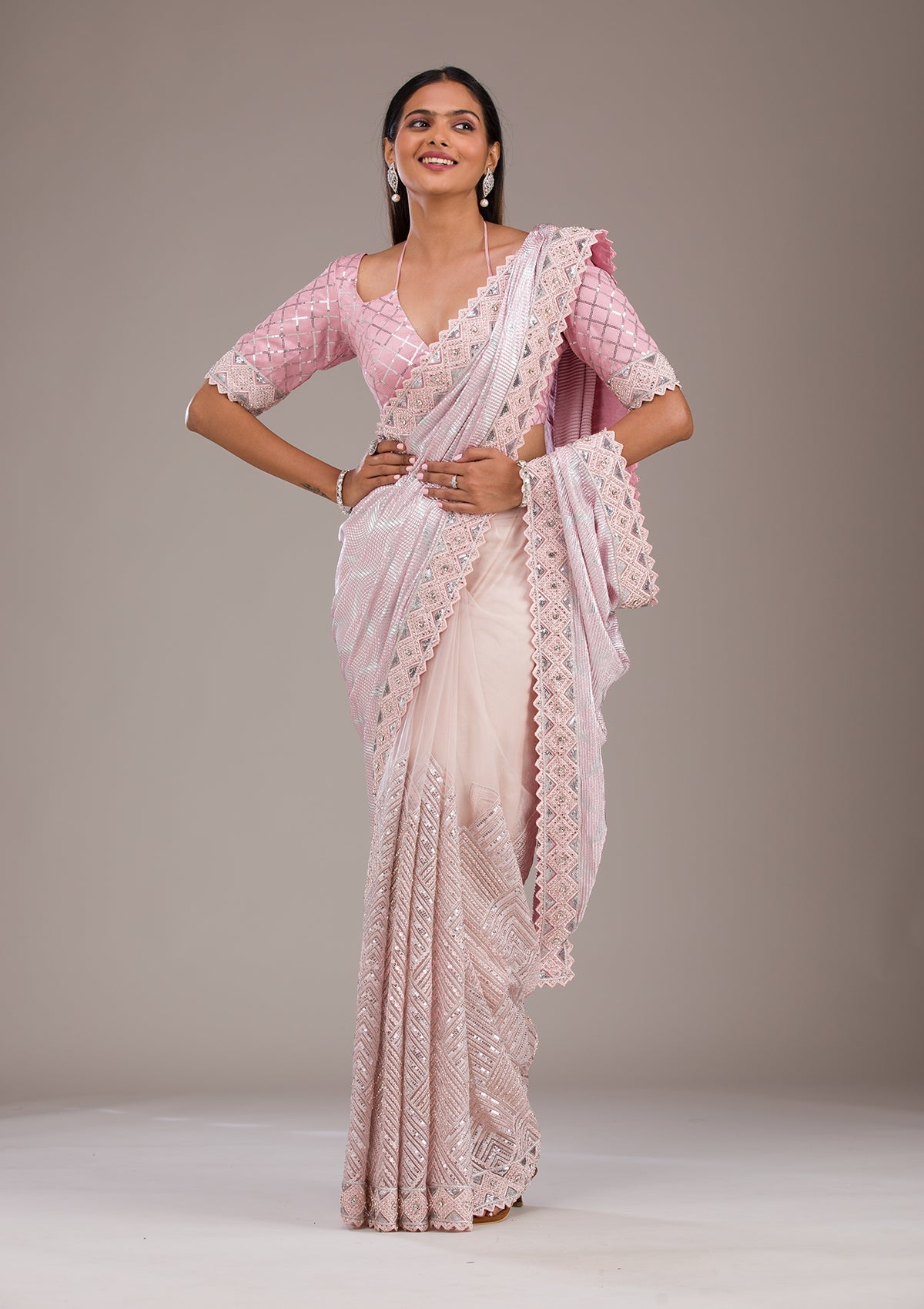 Baby Pink Sequins Semi Crepe Saree-Koskii