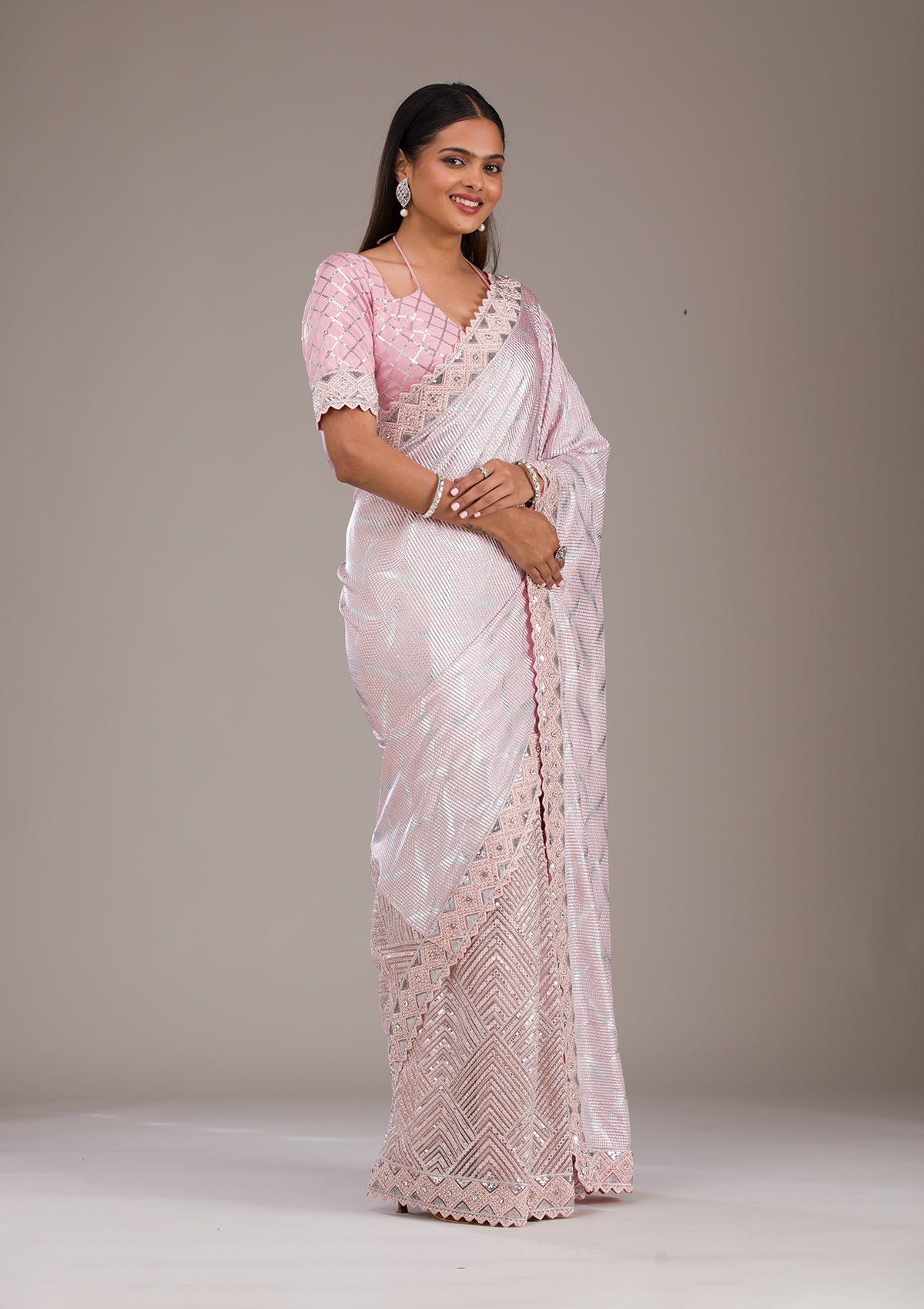 Baby Pink Sequins Semi Crepe Saree-Koskii