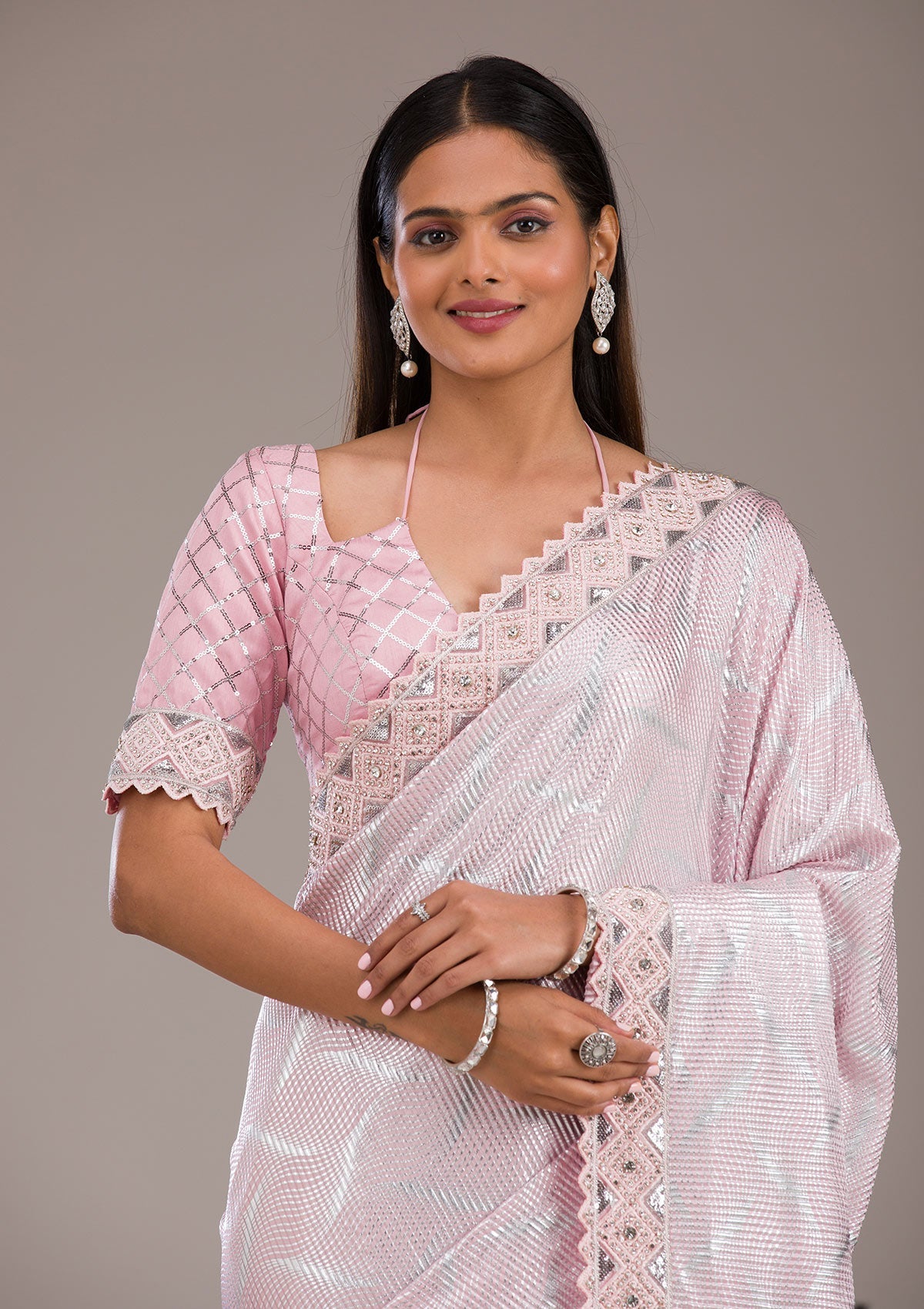 Baby Pink Sequins Semi Crepe Saree-Koskii