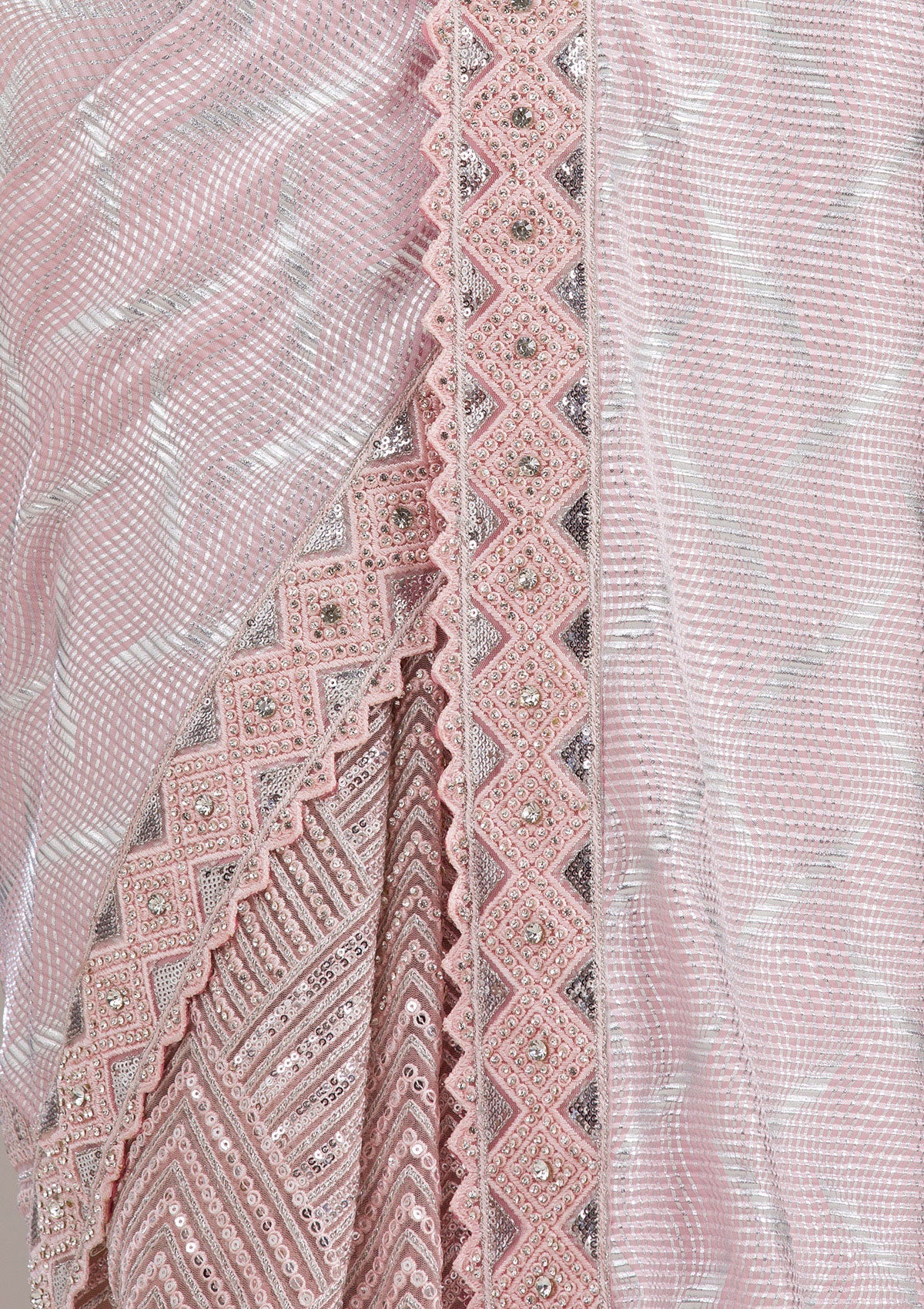 Baby Pink Sequins Semi Crepe Saree-Koskii