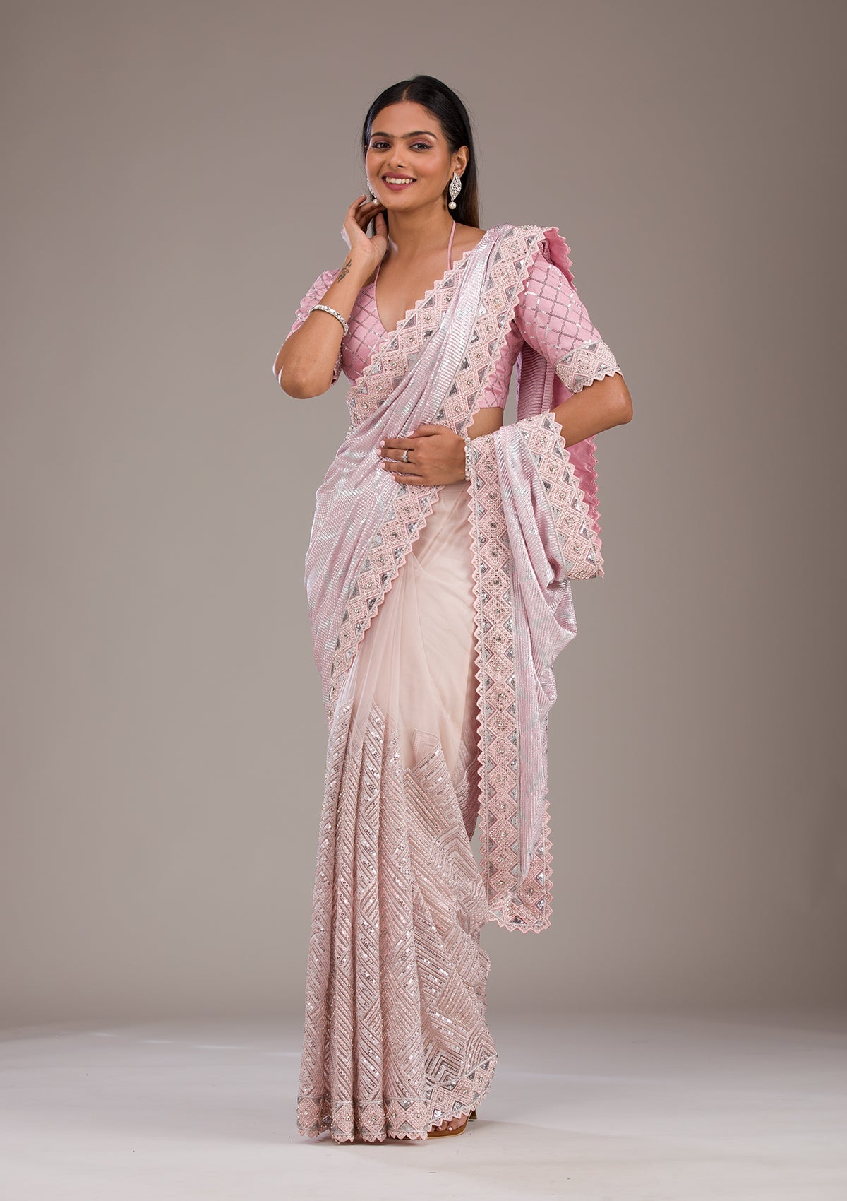 Baby Pink Sequins Semi Crepe Saree-Koskii