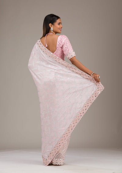 Baby Pink Sequins Semi Crepe Saree-Koskii