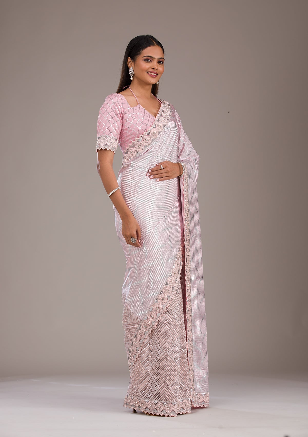 Baby Pink Sequins Semi Crepe Saree-Koskii