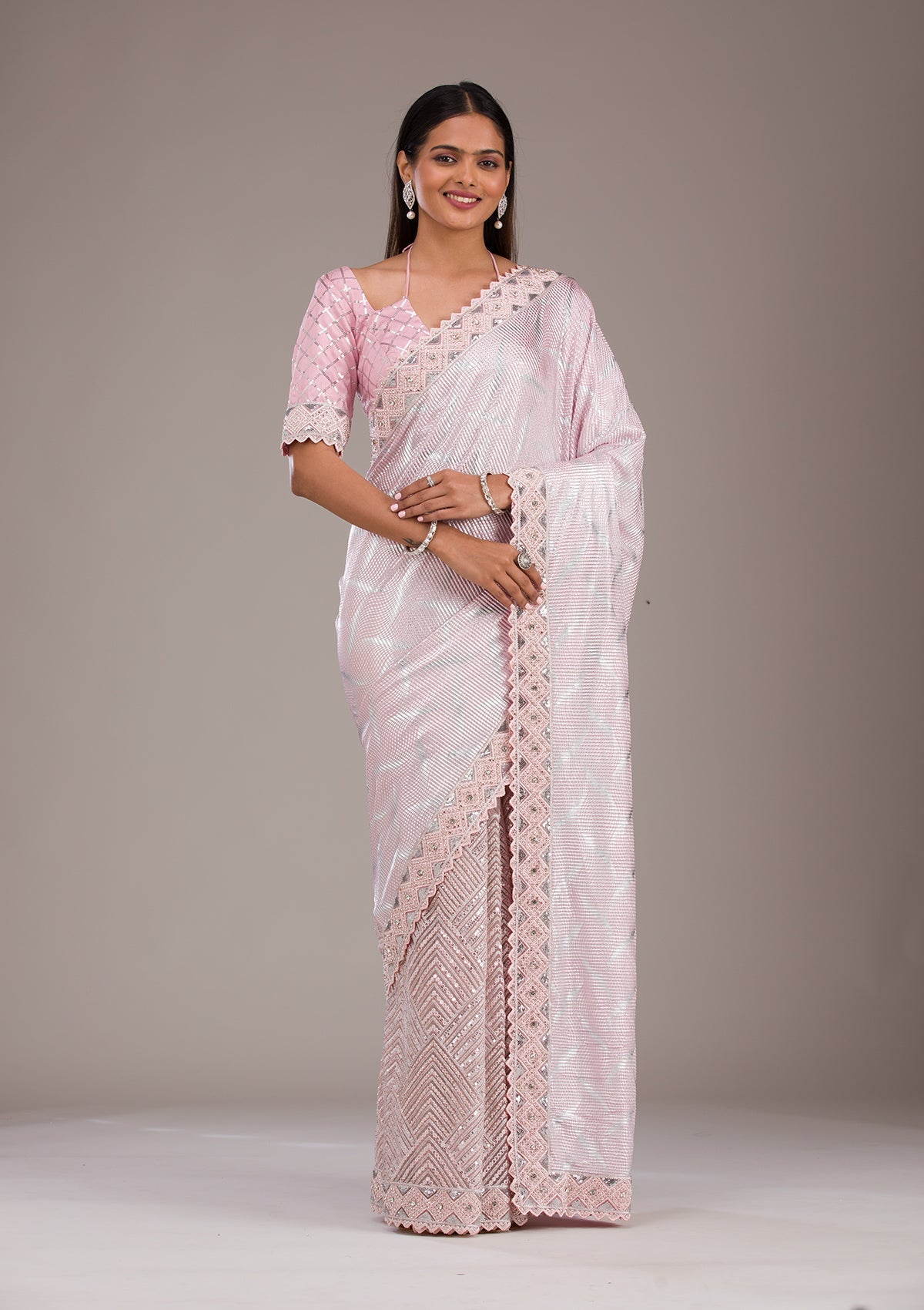 Baby Pink Sequins Semi Crepe Saree-Koskii