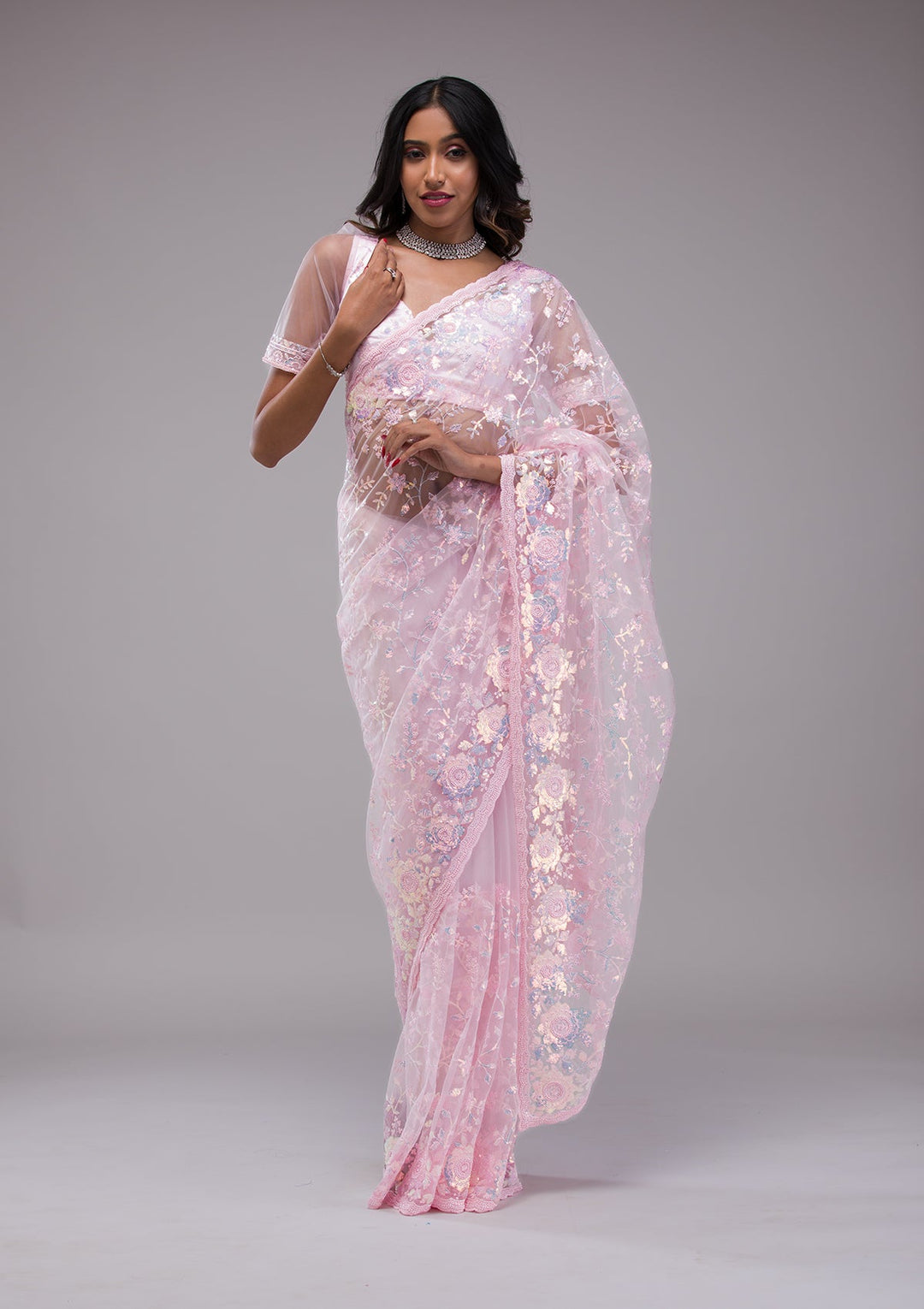 Baby Pink Sequins Tissue Saree-Koskii