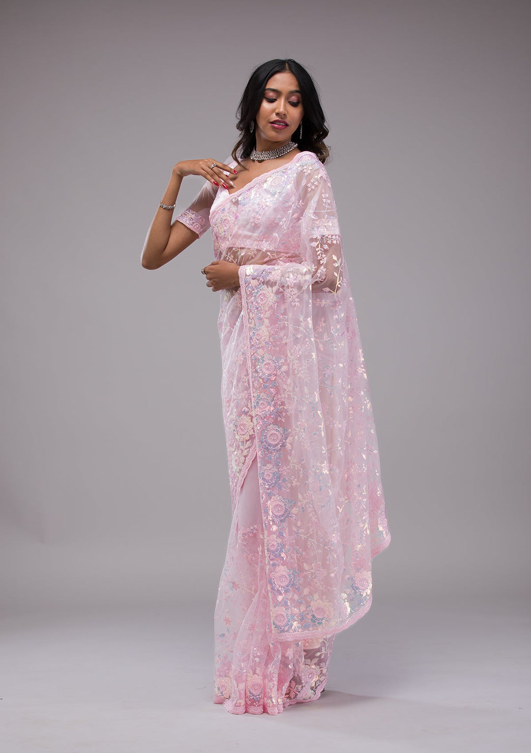 Baby Pink Sequins Tissue Saree-Koskii