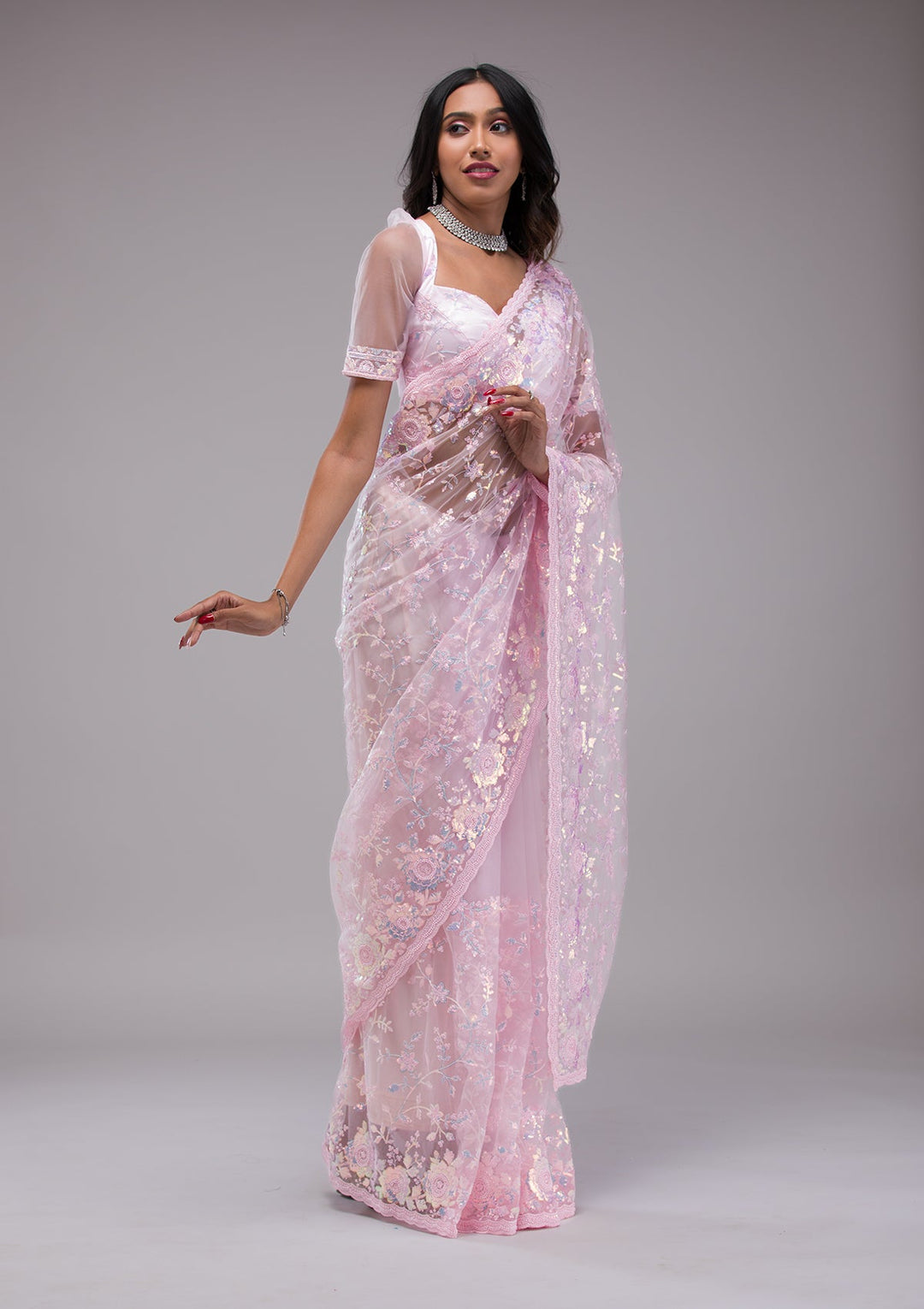 Baby Pink Sequins Tissue Saree-Koskii