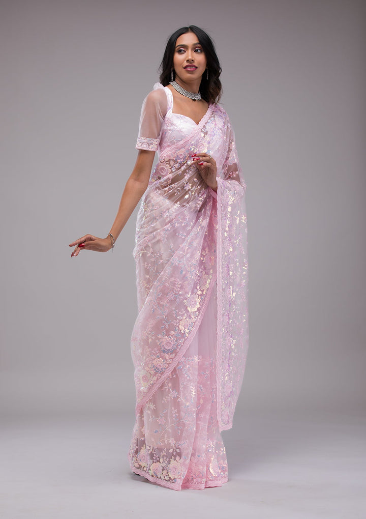Baby Pink Sequins Tissue Saree-Koskii