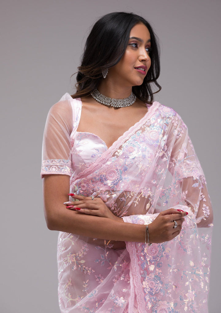Baby Pink Sequins Tissue Saree-Koskii