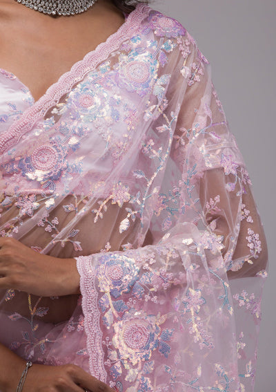 Baby Pink Sequins Tissue Saree-Koskii