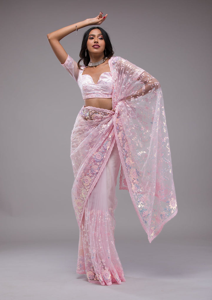 Baby Pink Sequins Tissue Saree-Koskii