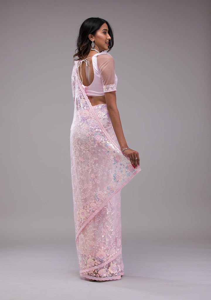 Baby Pink Sequins Tissue Saree-Koskii