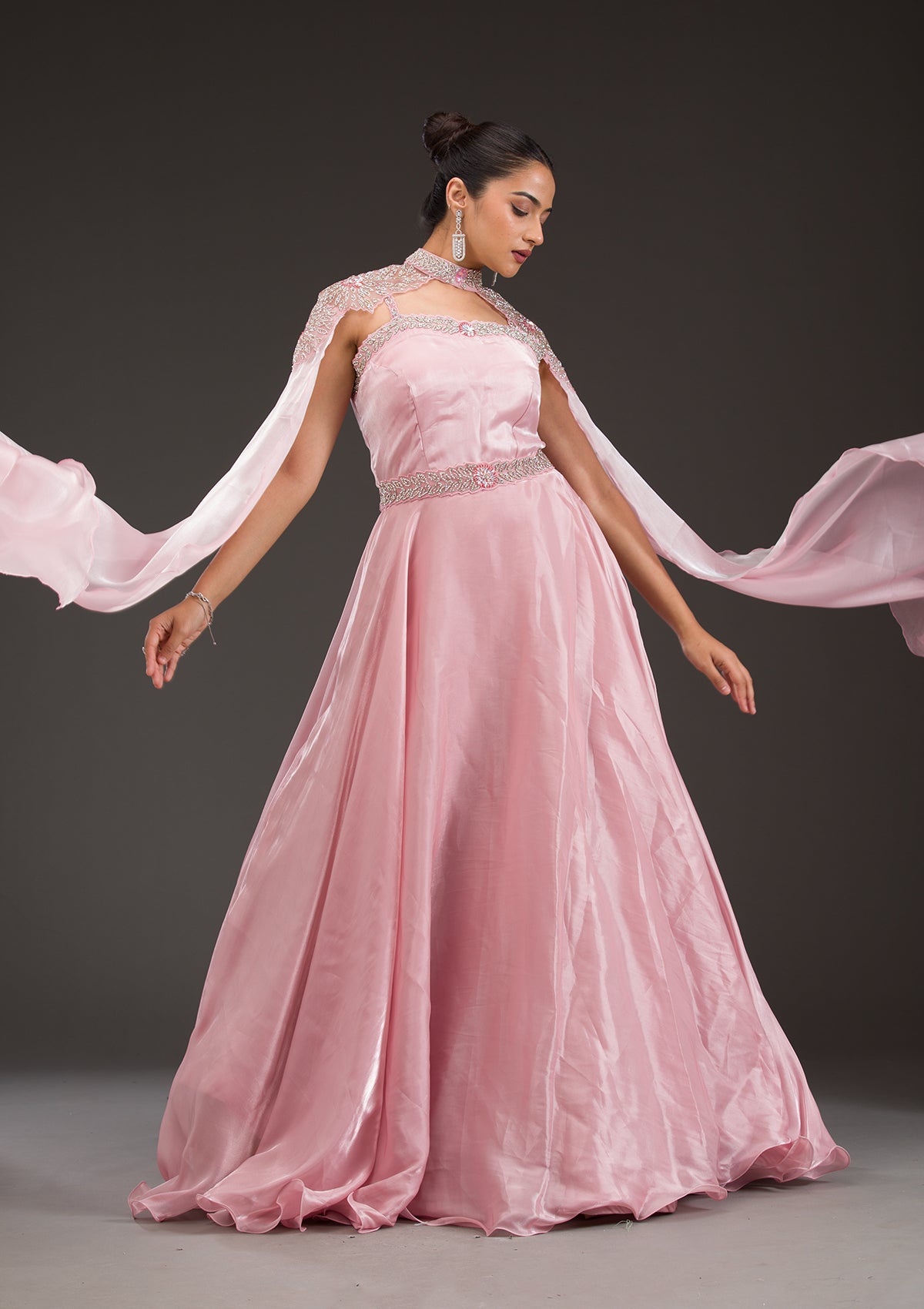 Baby Pink Silver Stonework Net Gown-Koskii