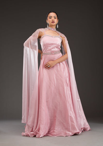 Baby Pink Silver Stonework Net Gown-Koskii