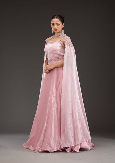 Baby Pink Silver Stonework Net Gown-Koskii