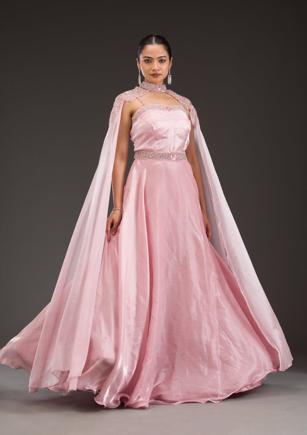 Baby Pink Silver Stonework Net Gown-Koskii