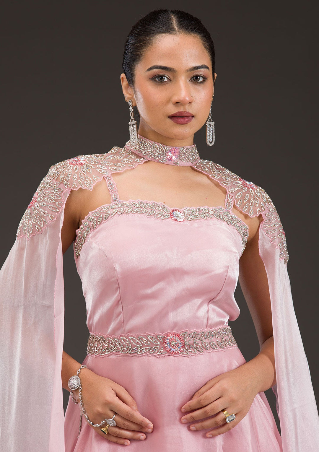Buy Baby Pink Silver Stonework Net Gown - Koskii Buy Baby Pink Silver Stonework Net Gown - Koskii