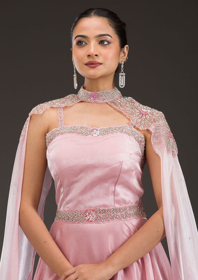 Baby Pink Silver Stonework Net Gown-Koskii