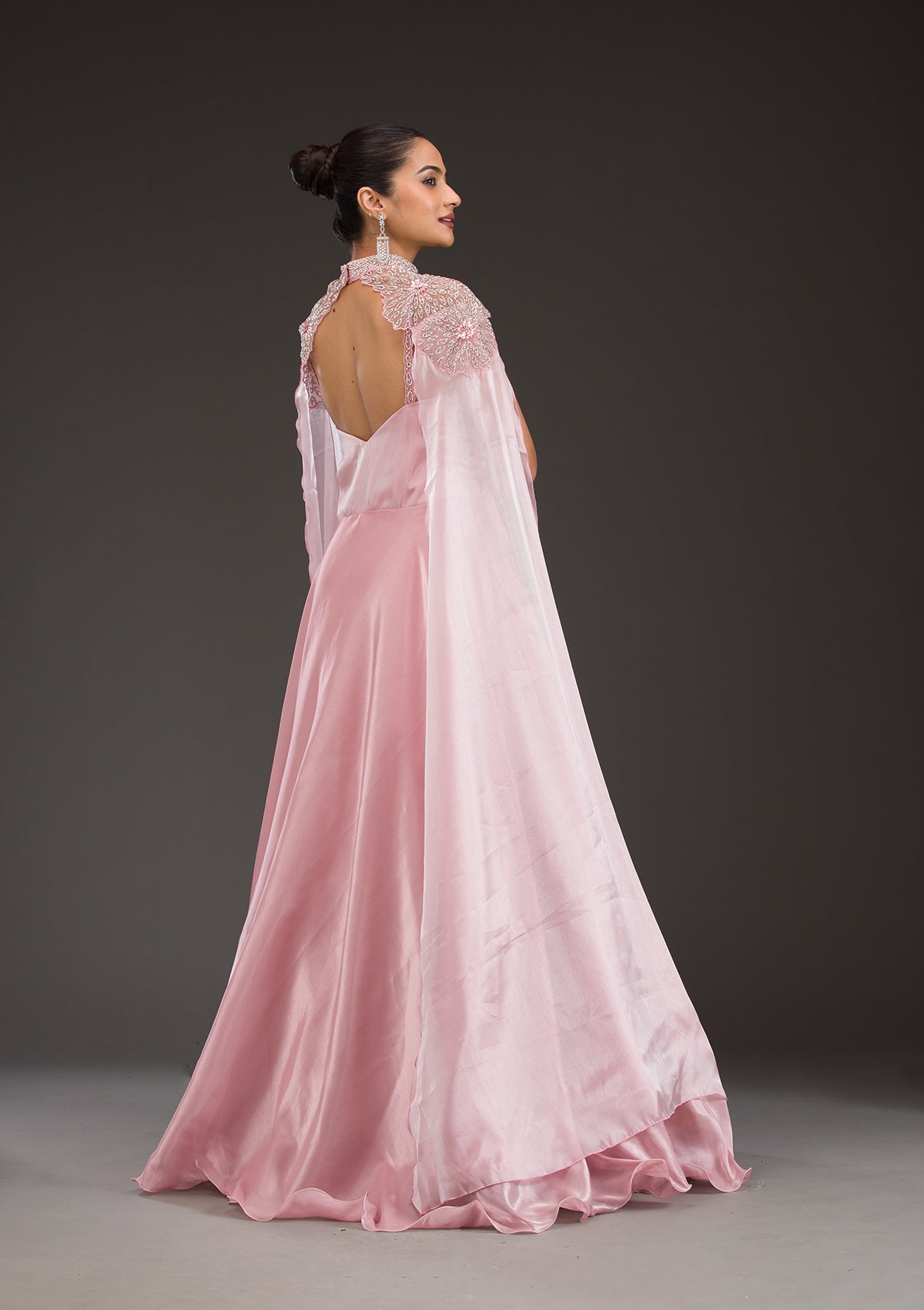 Baby Pink Silver Stonework Net Gown-Koskii