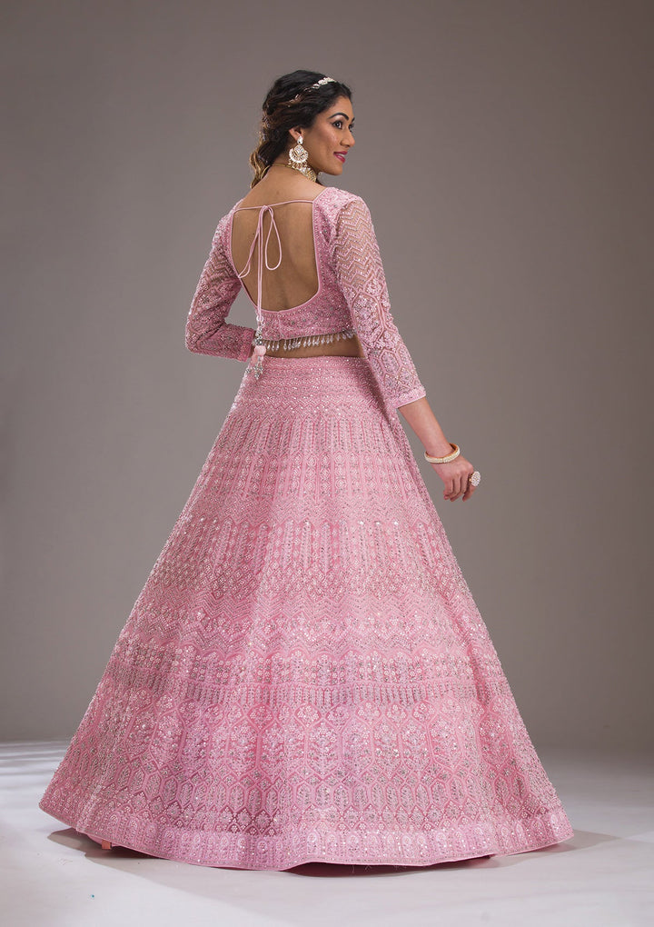 Baby Pink Silver Stonework Net Readymade Lehenga-Koskii
