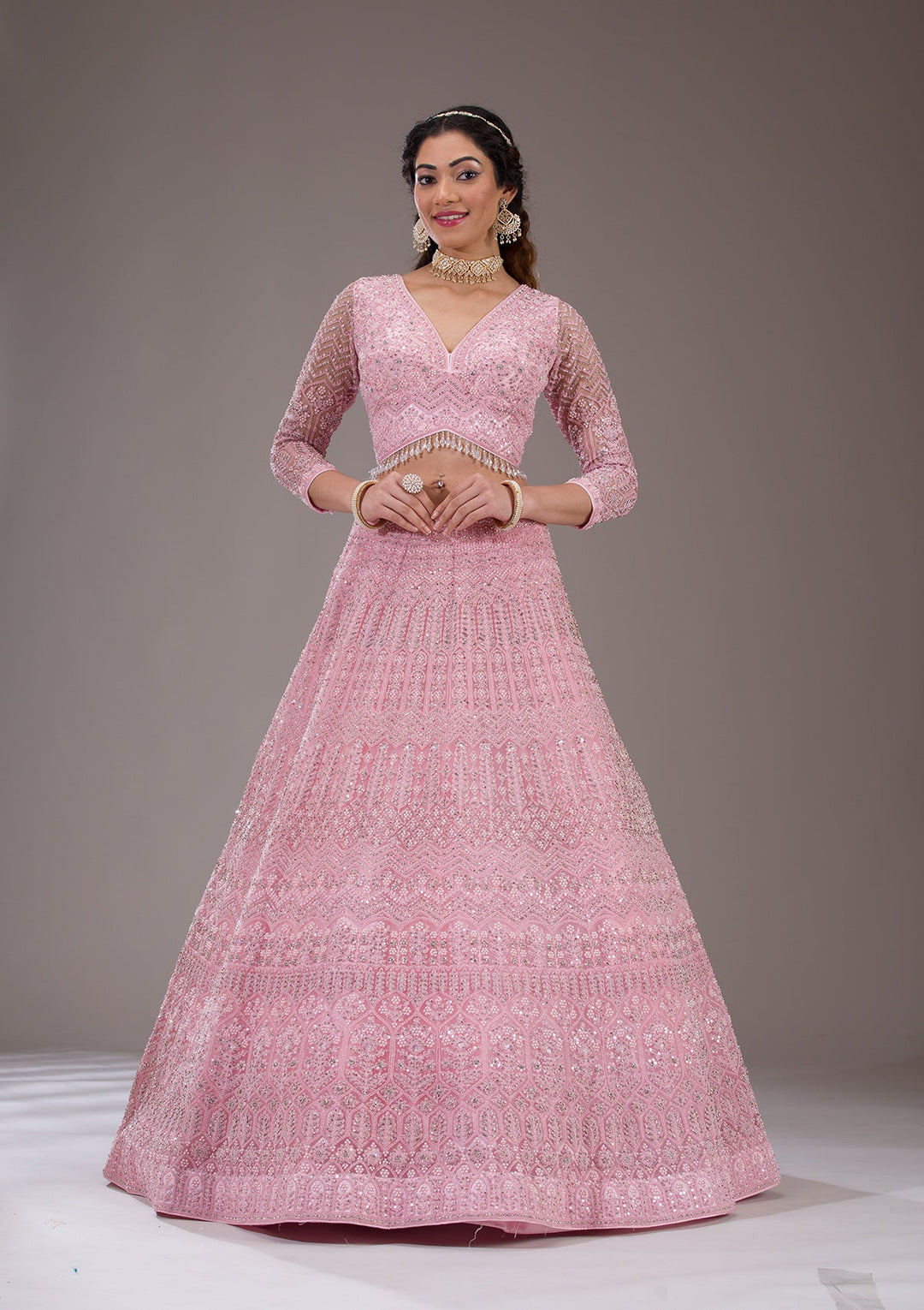 Baby Pink Silver Stonework Net Readymade Lehenga-Koskii