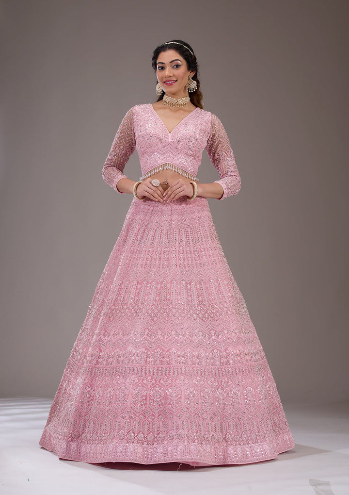 Baby Pink Silver Stonework Net Readymade Lehenga-Koskii