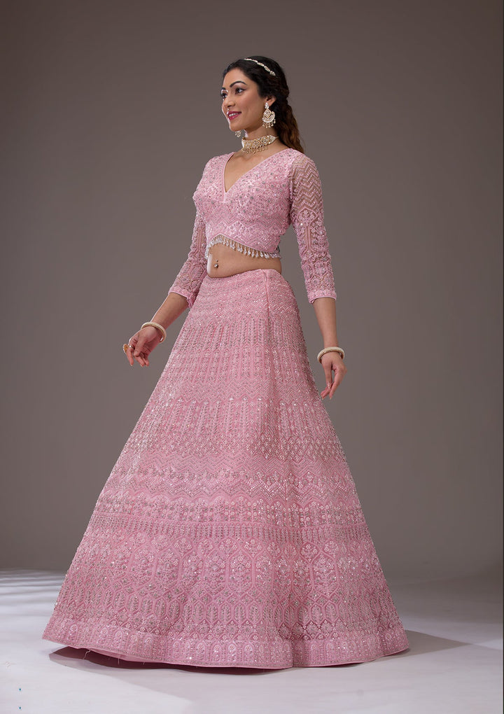 Baby Pink Silver Stonework Net Readymade Lehenga-Koskii