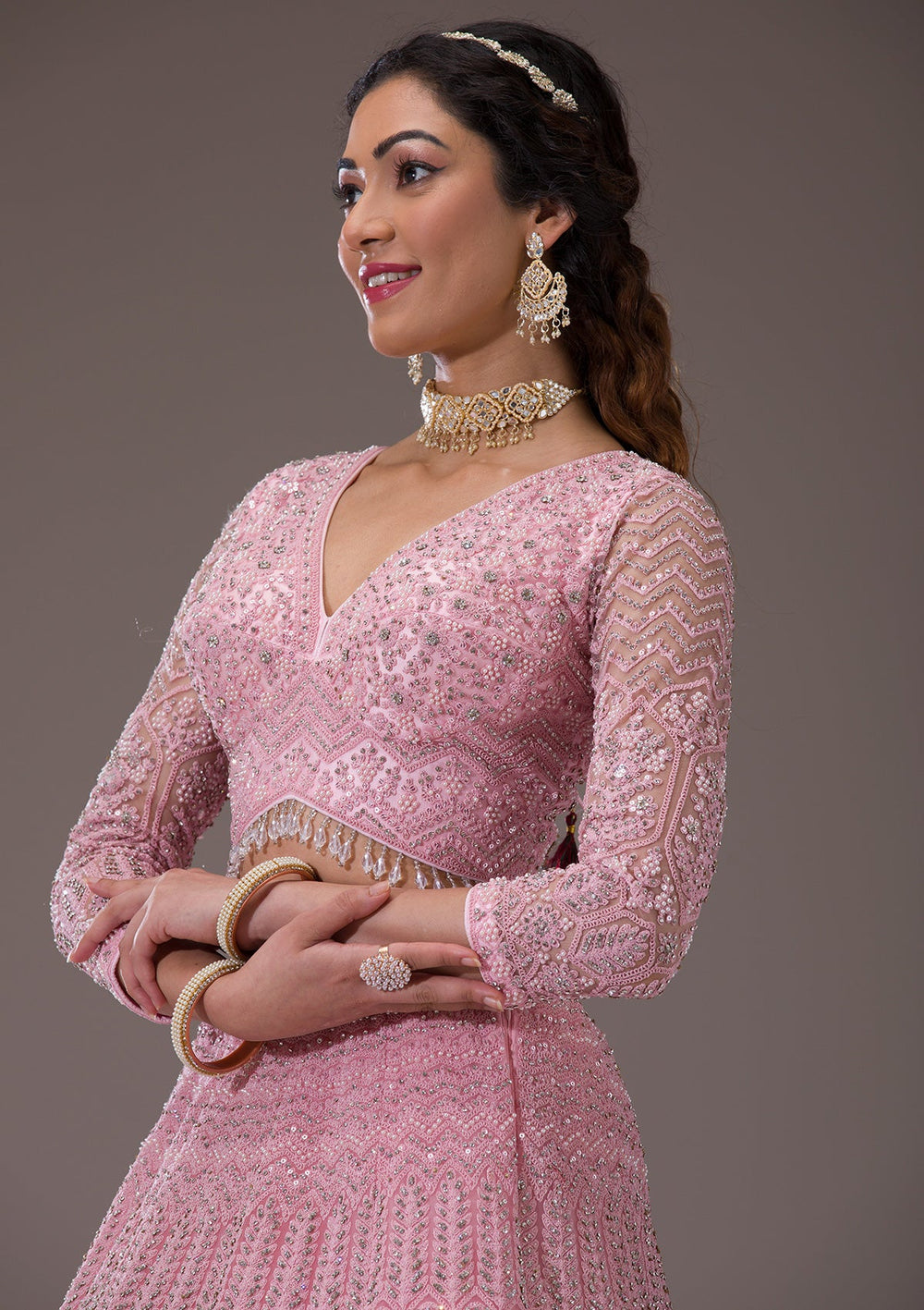 Baby Pink Silver Stonework Net Readymade Lehenga-Koskii