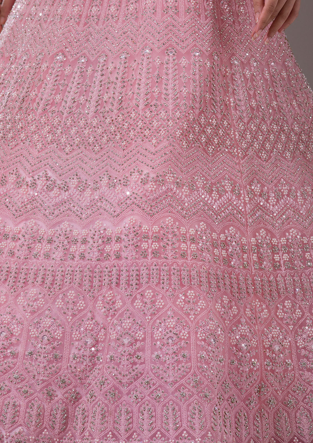 Baby Pink Silver Stonework Net Readymade Lehenga-Koskii