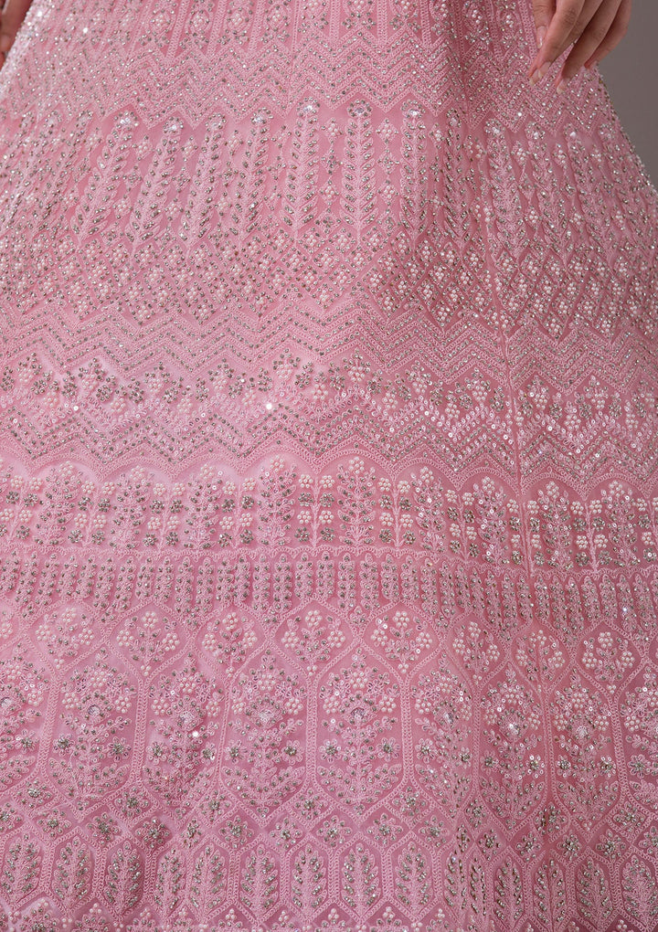 Baby Pink Silver Stonework Net Readymade Lehenga-Koskii