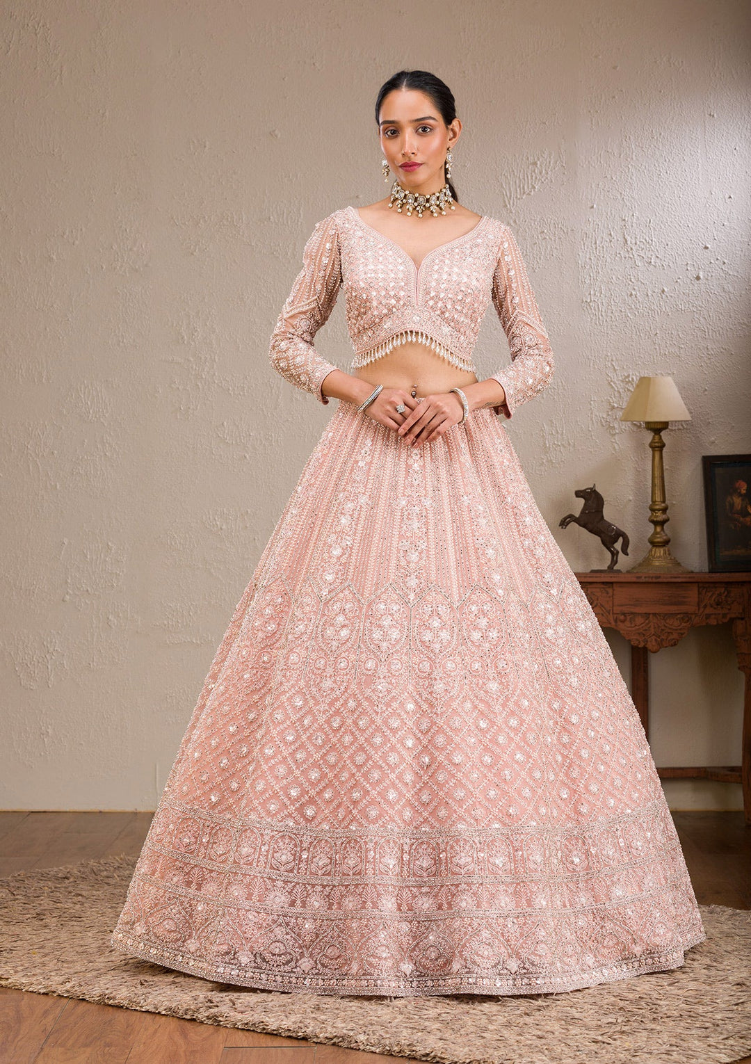 Baby Pink Silver Stonework Net Readymade Lehenga-Koskii